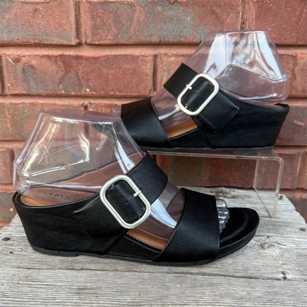EuroSoft by Sofft Womens Slide Sandals Black Wedge Oversized Buckle Size 7